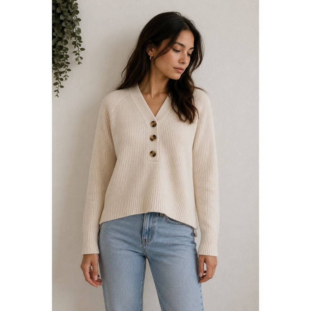 Madewell Merino Wool Blend Ribbed Henley Sweater Cream V-Neck XS Ivory Pullover